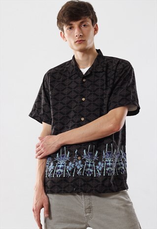 VINTAGE HAWAIIAN 90S BLACK ALOHA ABSTRACT PATTERNED PRINTED