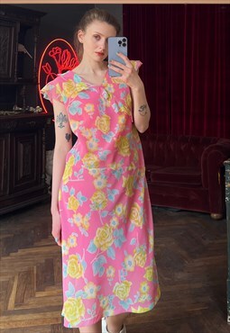 Sleeveless Chiffon Pink Floral Dress, Midi Sun Dress