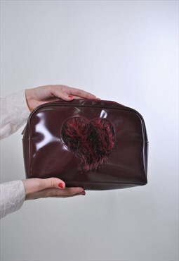 Women vintage cute red hand bag with fake fur heart clutch 