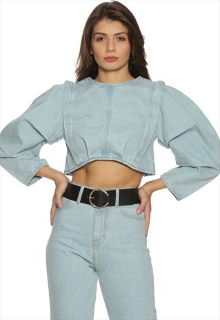 ISU MID-BLUE PUFF SLEEVE CROP TOP