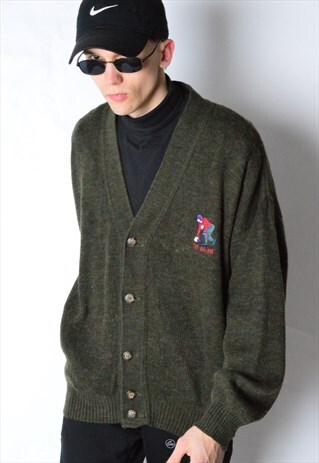 VINTAGE 80S EMBROIDERED KHAKI WOOL BLEND CARDIGAN
