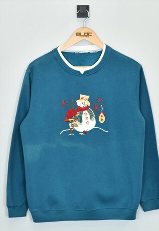 Vintage Snowman Christmas Sweatshirt Blue XSmall