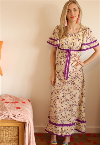 VINTAGE 70'S CREAM & PURPLE FLORAL GEOMETRIC MAXI DRESS