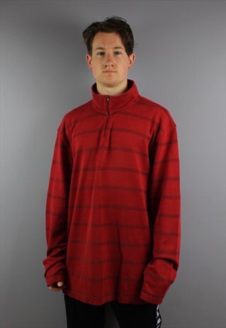 VINTAGE TOMMY HILFIGER 1/4 ZIP SWEATSHIRT IN RED STRIPED WIT