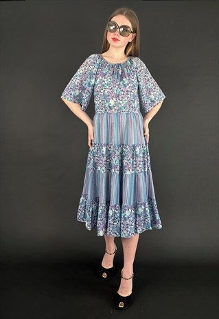 1970's Vintage Blue Floral Stripe  Prairie Midi Dress