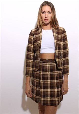 VINTAGE 1970'S 70'S 2-PIECE CORDUROY PLAID SKIRT SUIT XS-S