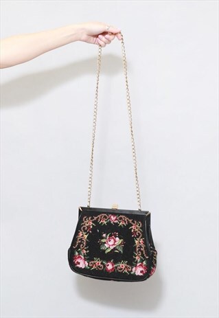 VINTAGE 1950'S PETITE FLORAL ROSE TAPESTRY HAND BAG