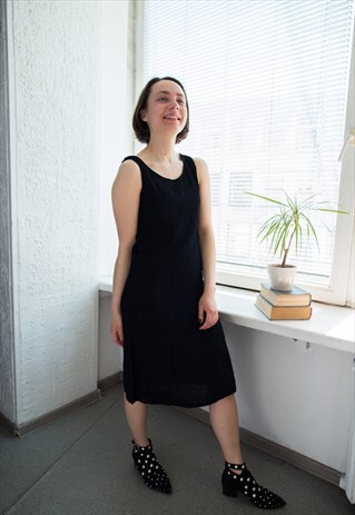 VINTAGE 80'S BLACK MIDI EMBROIDERED SLEEVELESS DRESS