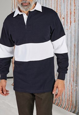 54 Floral Long Sleeve Stripe Band Rugby Shirt - Navy/White