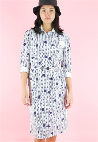 VINTAGE 90S DRESS POLKA DOT MIDI Y2K WHITE AND BLUE PREPPY