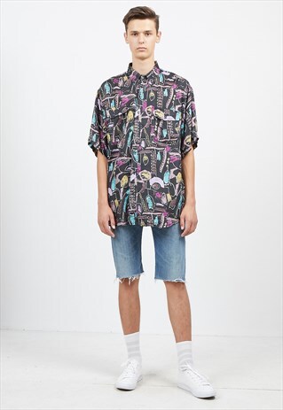 VINTAGE BLACK PINK DIVINE SHORT SLEEVE SILK SHIRT
