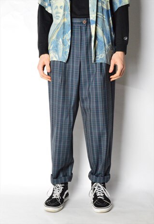 VINTAGE 80S UNISEX NAVY BLUE CHECK PANTS