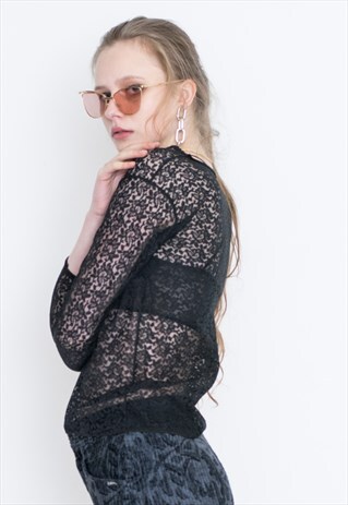 VINTAGE BLACK SEE THROUGH FLORAL LONG SLEEVE RETRO BLOUSE