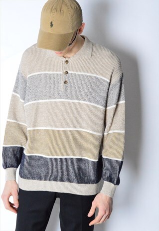 VINTAGE 80S BEIGE COLOUR BLOCK STRIPED LINEN BLEND JUMPER