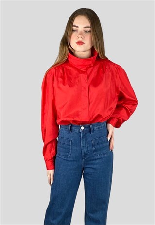 80'S VINTAGE OVERSIZED LADIES LONG SLEEVE RED BLOUSE