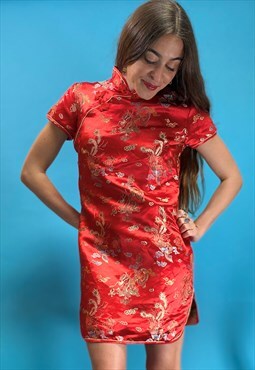 Vintage 90s Chinese Satin Red Dress