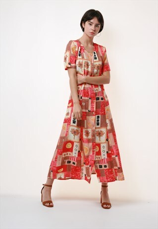 80S VINTAGE MIDI LENGTH FLORAL BUTTONS UP GRUNGE DRESS 1758