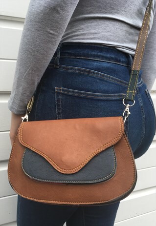 WOMENS VINTAGE 80S HANDBAG BLUE BROWN LEATHER SADDLE BAG