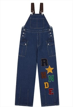 Denim dungarees patch jean overalls retro jumpsuit in blue