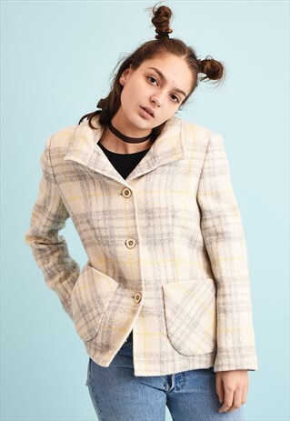 90'S RETRO CLASSIC CUT CHECKED WOOL NEUTRAL JACKET