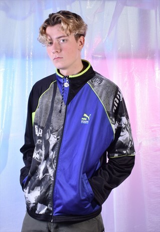 VINTAGE PUMA BLACK, NEON YELLOW AND PURPLE TRACK JACKET