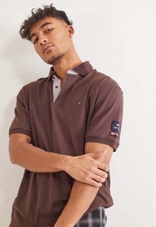 VINTAGE TOMMY HILFIGER SHORT SLEEVE POLO TOP DARK BROWN