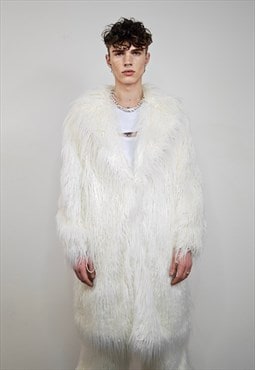 White shaggy fur long hairy trench long hair fuzzy overcoat