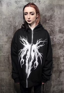 Graffiti hoodie gothic raver pullover y2k zipper top black