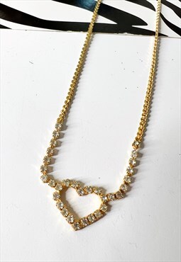 Vintage 80's Gold & Diamante Heart Necklace