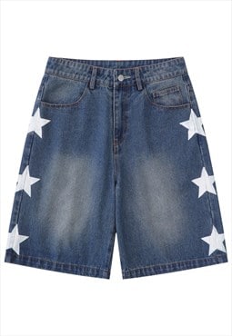 Printed denim shorts cropped star print skater pants blue