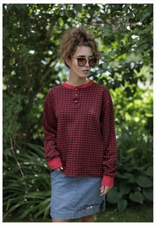 VINTAGE 90'S RED/BLACK CHECKED LONG SLEEVES COTTON TOP