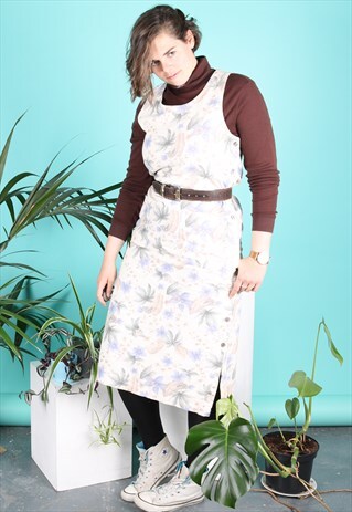 VINTAGE SUMMER MIDI DRESS CREAM BLUE FLORAL PATTERN
