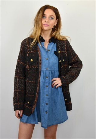 VINTAGE 90S BLACK WOOL KNITTED TWEED CARDIGAN JACKET