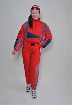 Retro one pice ski suit, red color ski overall with hood 