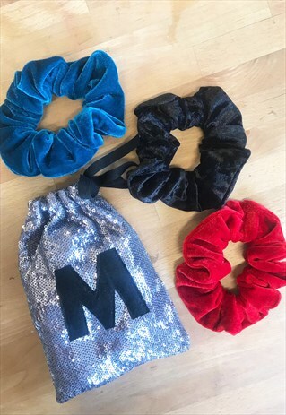 3 PERSONALISED REWORKED VELVET SCRUNCHIES & SEQUIN GIFT BAG