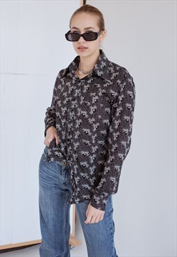 Vintage Long Sleeve Floral Patterned Cotton Shirt in Black M