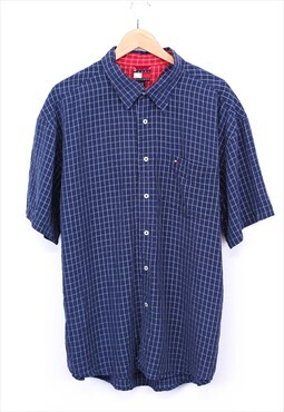 Vintage Tommy Hilfiger Shirt Navy Check Short Sleeve 90s