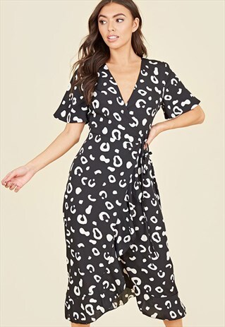 BLACK WRAP MIDI DRESS IN ANIMAL PRINT