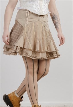 Vintage Y2k Grunge Beige Layered Ruffle Belted Mini Skirt M