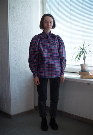 VINTAGE 80S PURPLE PLAID PUFF SLEEVED SHIRT