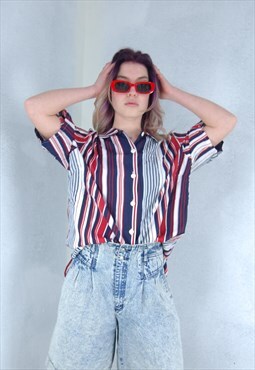 Vintage 90's Light Stripped White Blue Red Baggy Blouse 