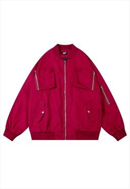 Utility varsity jacket cargo pocket college bomber in red