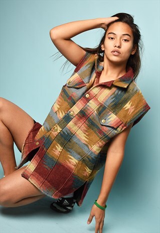 VINTAGE 90S OVERSIZED BOHO AZRTEC PATTERN GILET VEST JACKET
