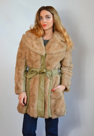 VINTAGE 1970S LIGHT BROWN BLONDE FAUX FUR & LEATHER COAT
