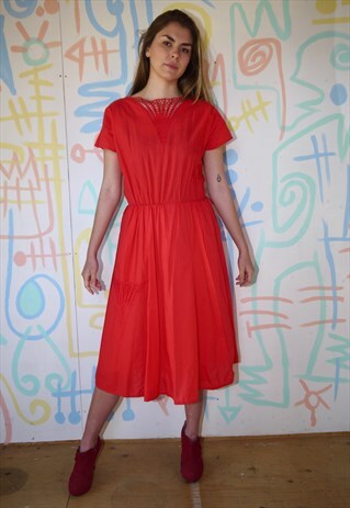 DRESS VINTAGE 80S RED KNEE LENGTH 50S STYLE SIZE 8 - 10