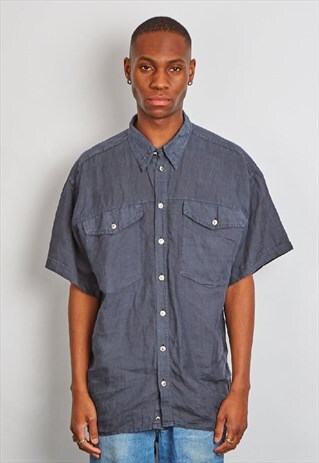 VINTAGE 90'S VERSACE NAVY LINEN SHORT SLEEVE SHIRT
