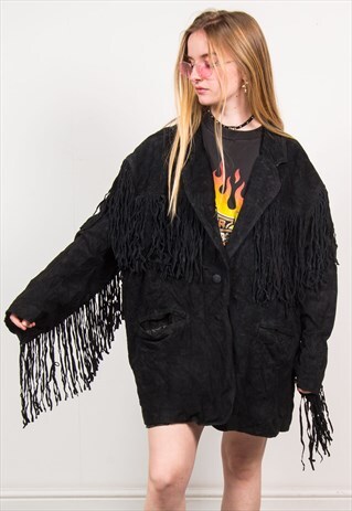VINTAGE BLACK SUEDE TASSEL FRINGE JACKET