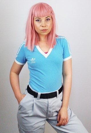 VINTAGE 90'S ADIDAS TREFOIL V-NECK T-SHIRT / TOP IN BLUE