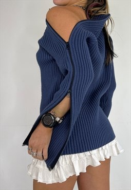 Vintage 90s Knit Jumper Double Zip Chunky Ribbed Sweater Y2k