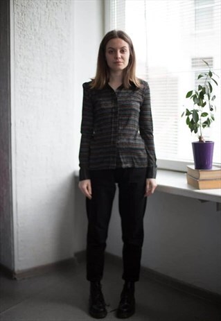 VINTAGE 80'S BLACK MULTICOLOUR GLOSSY STRIPED SHIRT